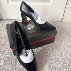 Vince Camuto Black Leather Pointed Toe Block Heel Pumps